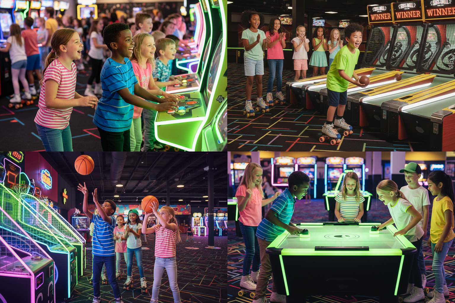 Skating, arcade, skeeball, air hockey, and basketball collage