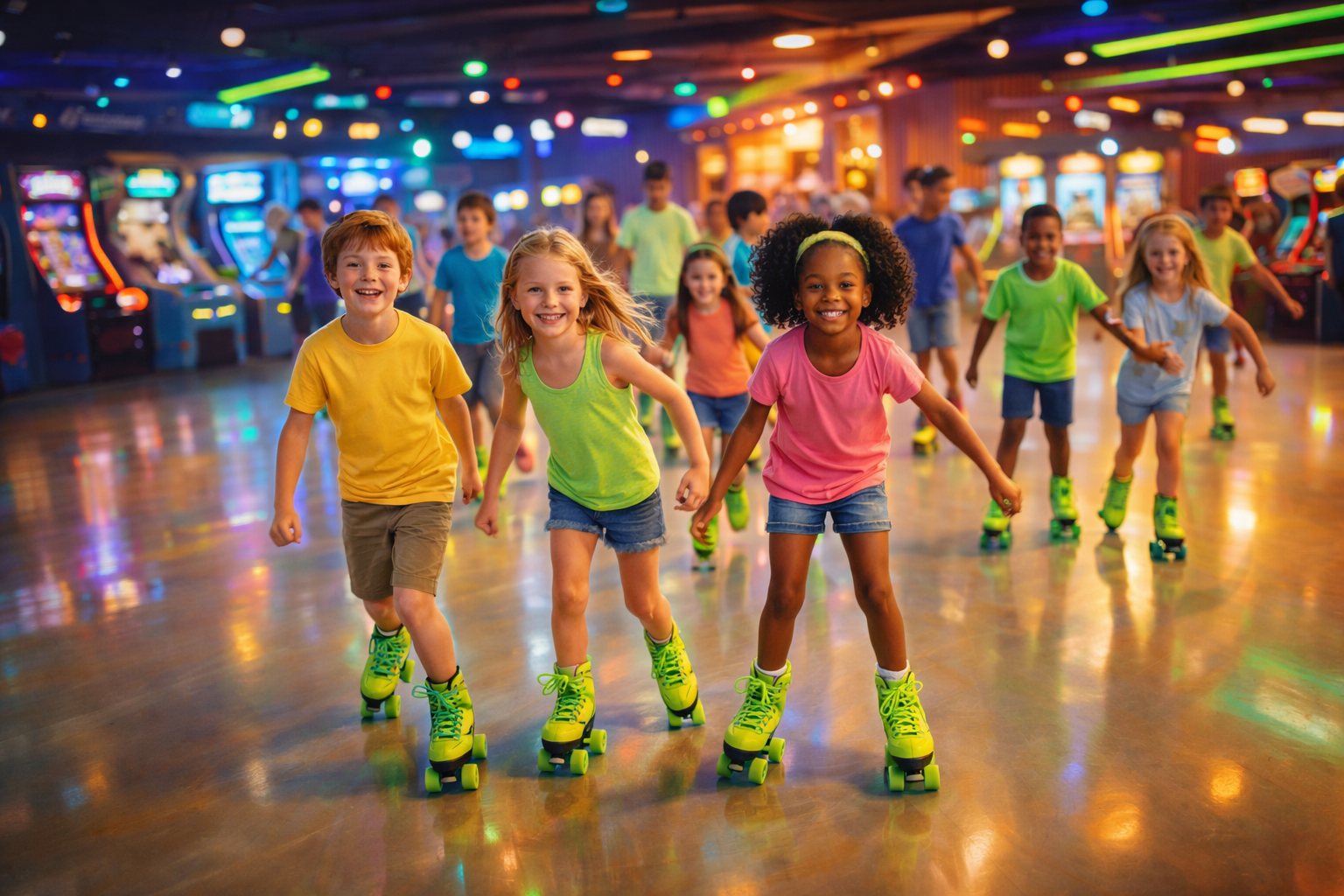 Happy kids roller skating under colorful rink lights